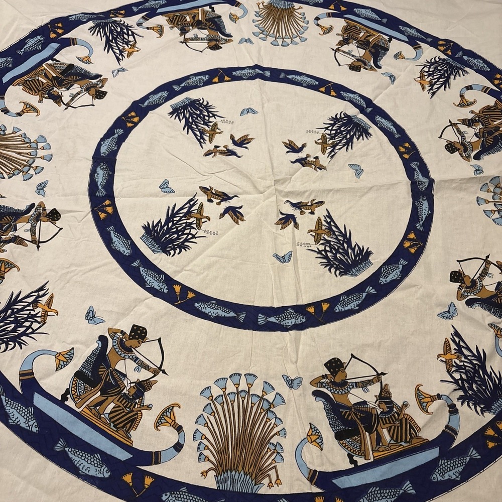 Vintage MCM Tessilca Hieroglyphics Roundish Oblong Cotton‎ Tablecloth 62" D